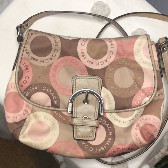 COACH SOHO logo snap head flap mini pink, brown, & tan Sateen fabric crossbody. - Picture 9 of 9